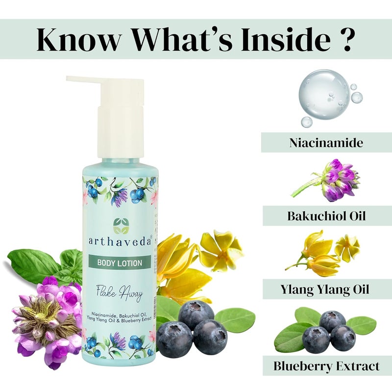 Arthaveda Body Lotion Flake Away  With Niacinamide Bakuchiol oil Ylang ylang Oil and Blueberry Extract  Quick Absorbing  Non Greasy  Suitable for All Skin Types  200 ml - Image 4