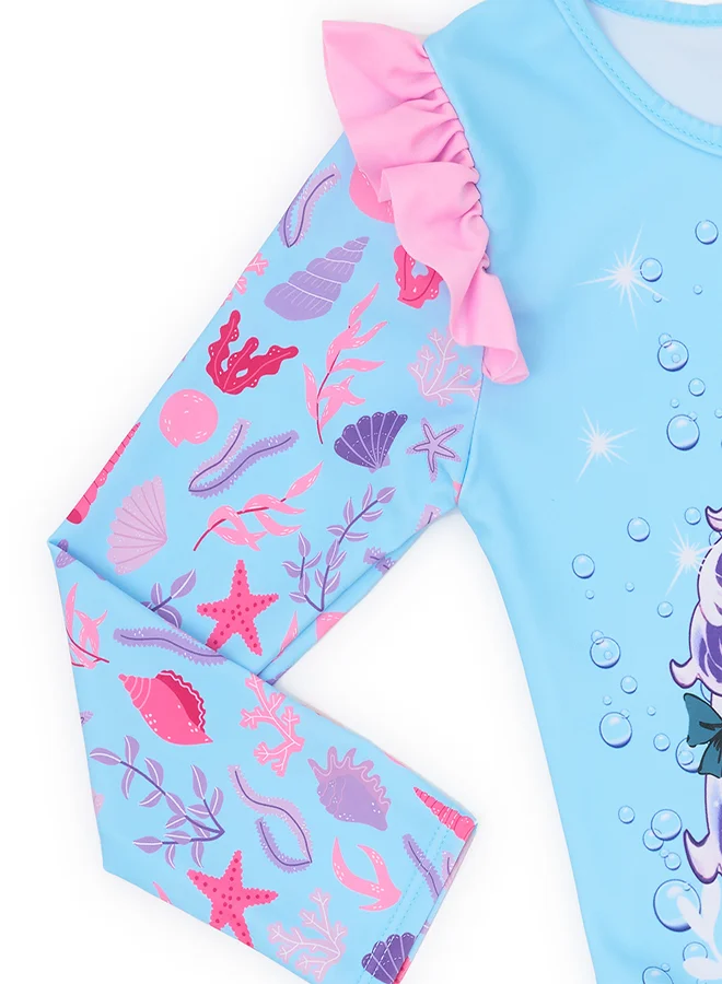 babyqlo Pastel Mermaid Print Swimsuit with Ruffles