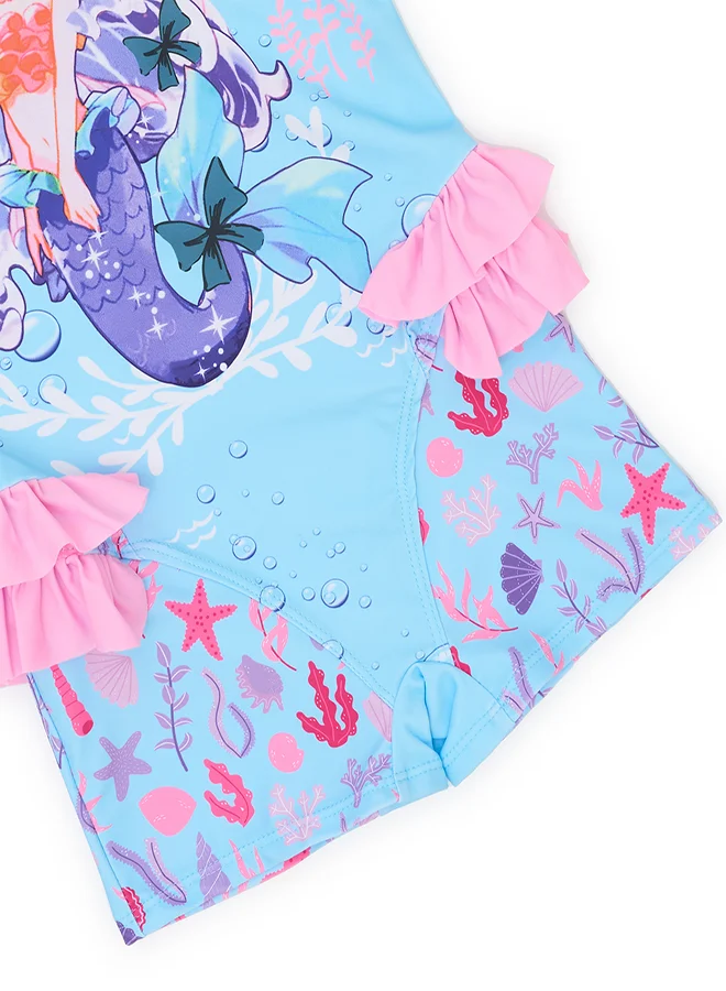 babyqlo Pastel Mermaid Print Swimsuit with Ruffles