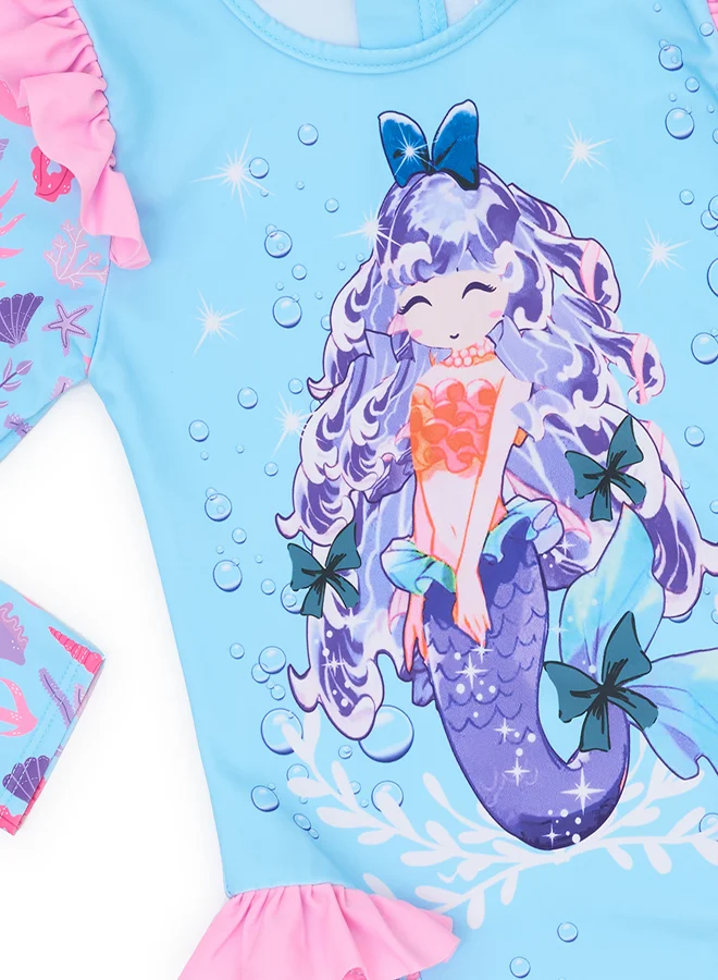 babyqlo Pastel Mermaid Print Swimsuit with Ruffles