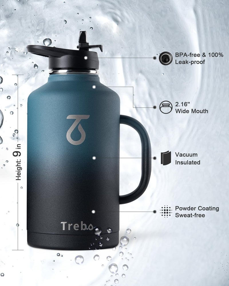 Trebo 64 oz Water Bottle Insulated with Handle, Half Gallon Stainless Steel Metal Large Jug, Travel Flask with Straw Spout Lid, Mug Tumbler Cup with Carry Pouch, Keep Cold Hot, Indigo Black - Image 5