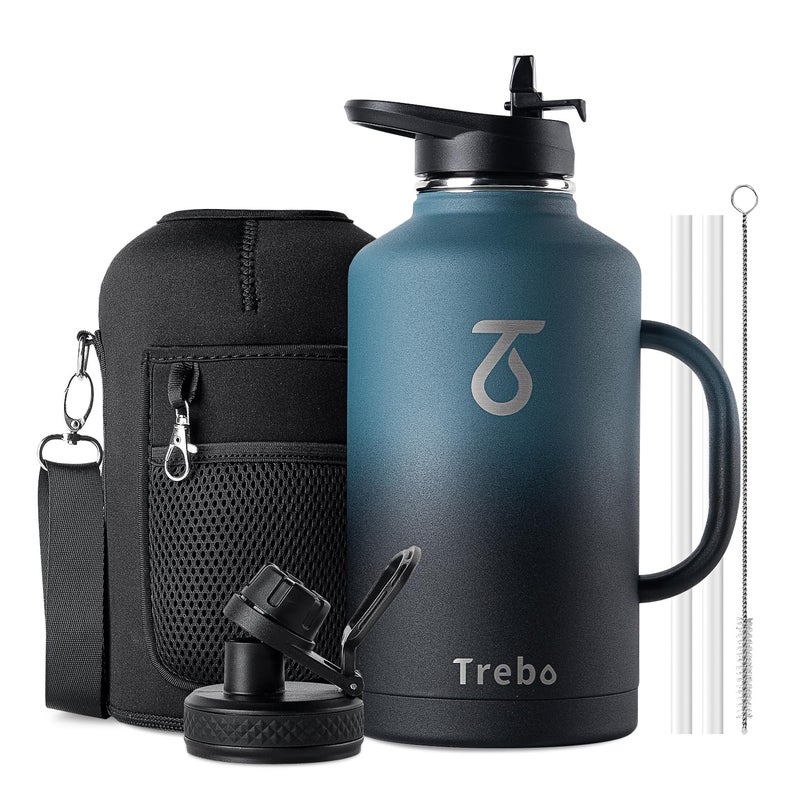 Trebo 64 oz Water Bottle Insulated with Handle, Half Gallon Stainless Steel Metal Large Jug, Travel Flask with Straw Spout Lid, Mug Tumbler Cup with Carry Pouch, Keep Cold Hot, Indigo Black - Image 1