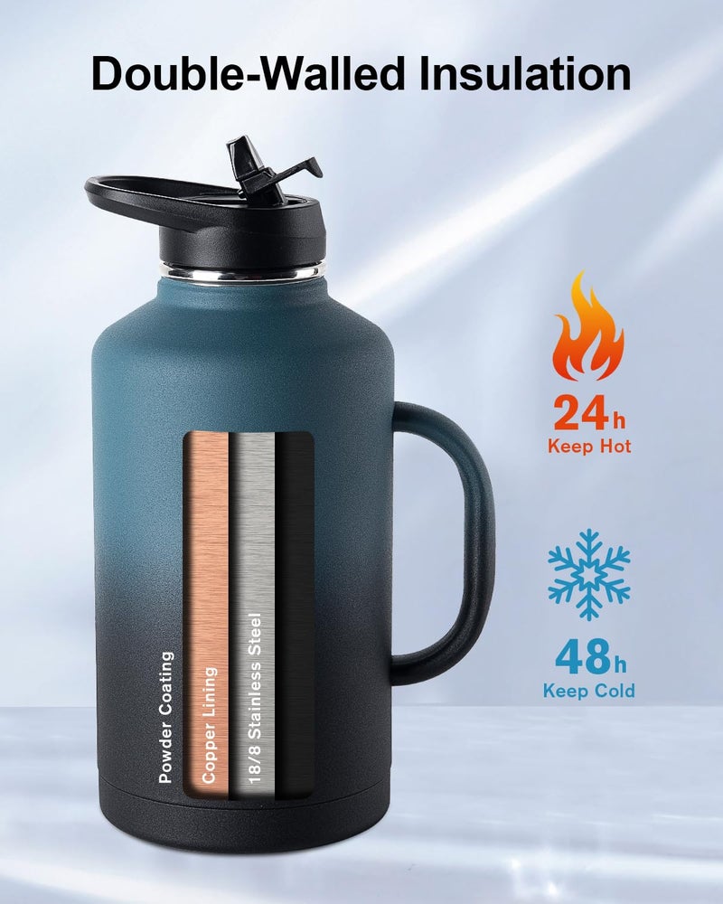 Trebo 64 oz Water Bottle Insulated with Handle, Half Gallon Stainless Steel Metal Large Jug, Travel Flask with Straw Spout Lid, Mug Tumbler Cup with Carry Pouch, Keep Cold Hot, Indigo Black - Image 2