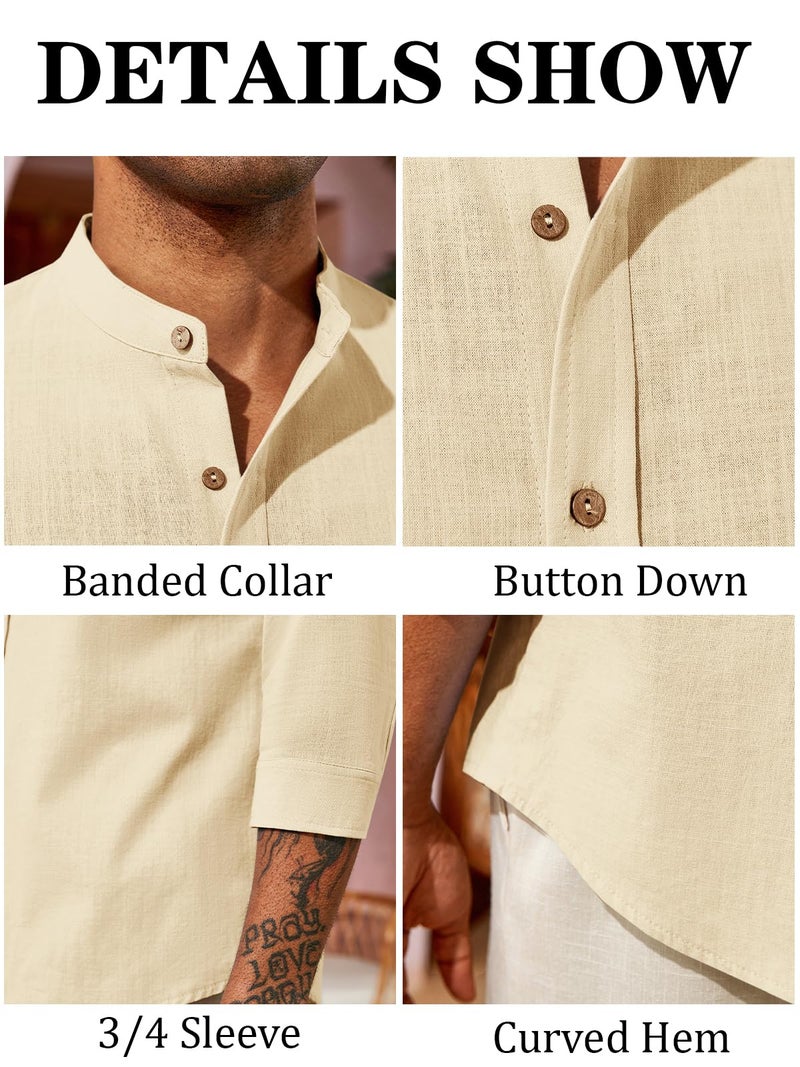Runcati Mens Casual Linen Shirts 3/4 Sleeve Button Down Banded Collar Summer Beach Shirt Beige - Image 5