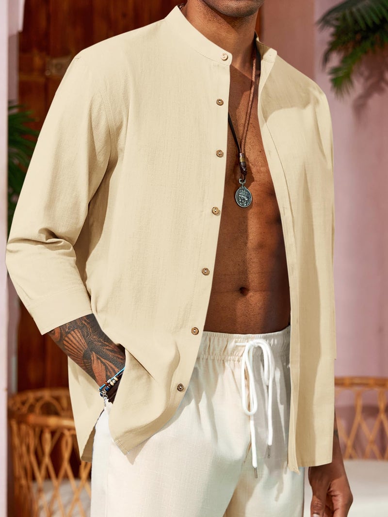 Runcati Mens Casual Linen Shirts 3/4 Sleeve Button Down Banded Collar Summer Beach Shirt Beige - Image 2