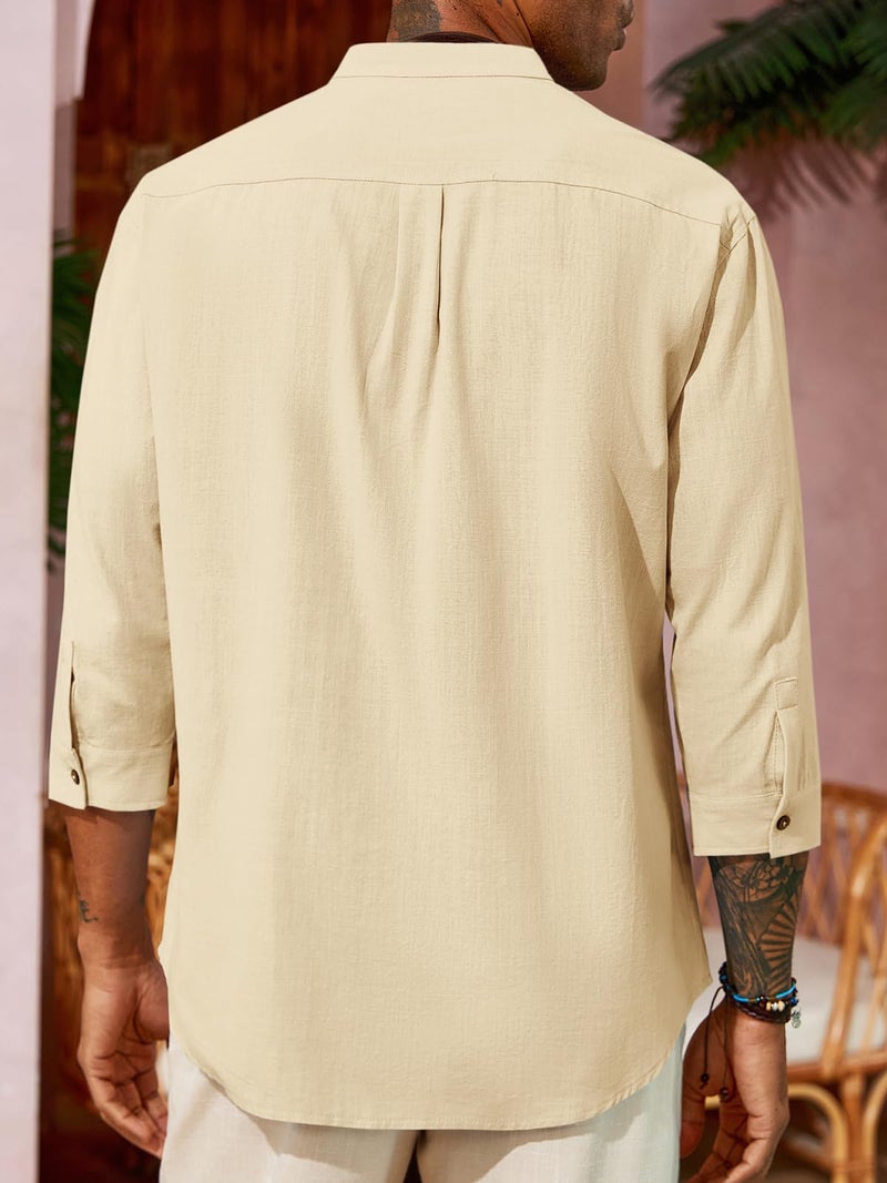 Runcati Mens Casual Linen Shirts 3/4 Sleeve Button Down Banded Collar Summer Beach Shirt Beige - Image 3