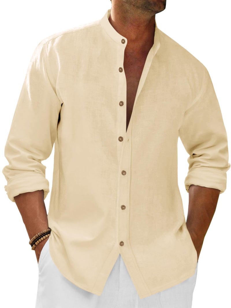Runcati Mens Casual Linen Shirts 3/4 Sleeve Button Down Banded Collar Summer Beach Shirt Beige - Image 1