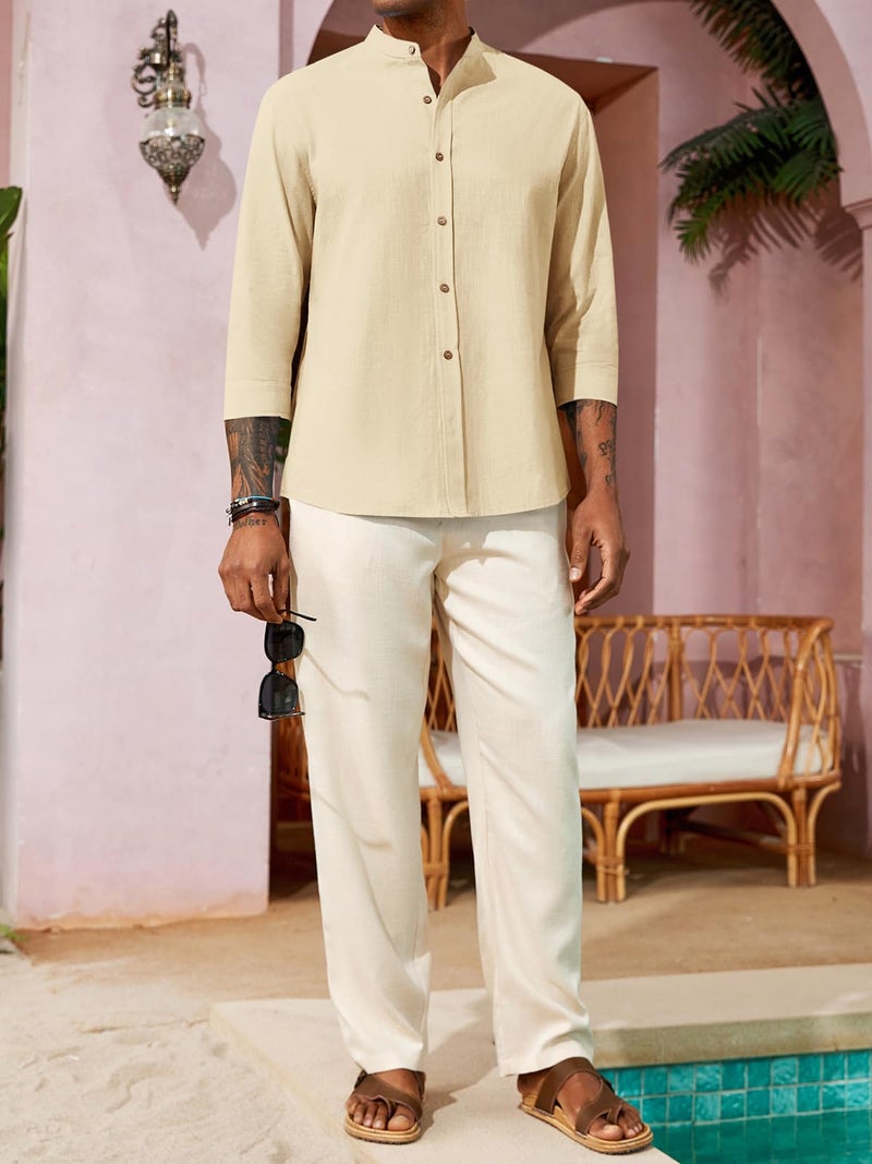 Runcati Mens Casual Linen Shirts 3/4 Sleeve Button Down Banded Collar Summer Beach Shirt Beige - Image 4