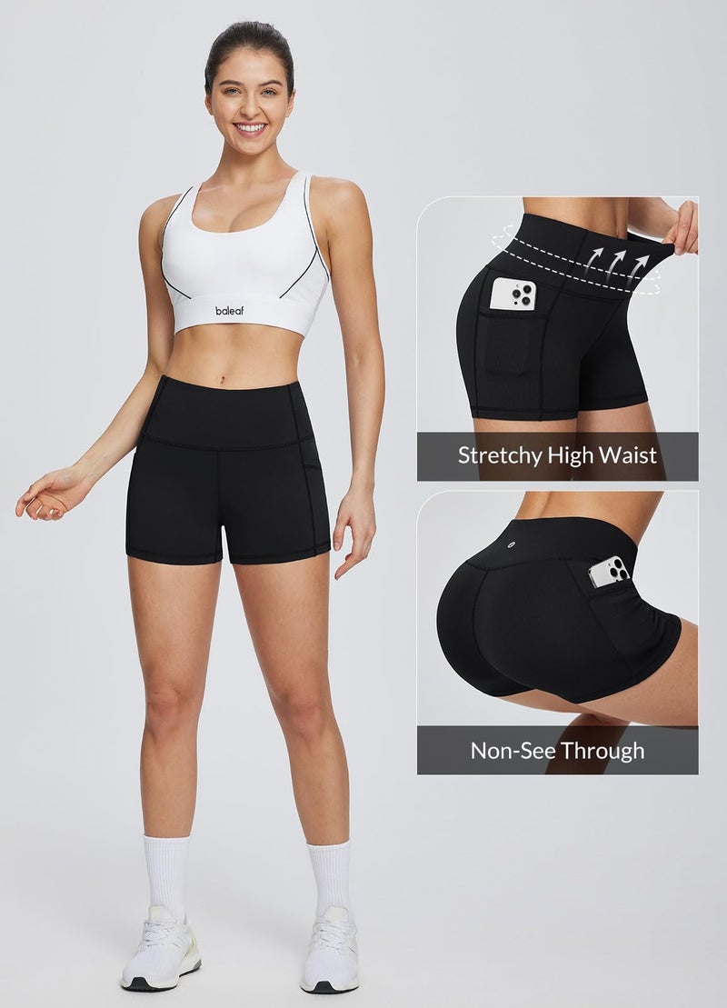 baleaf Gym Workout Shorts Women 3" Biker Yoga Spandex Running Volleyball Tummy Control Compression Short with Pockets Black M - Image 4