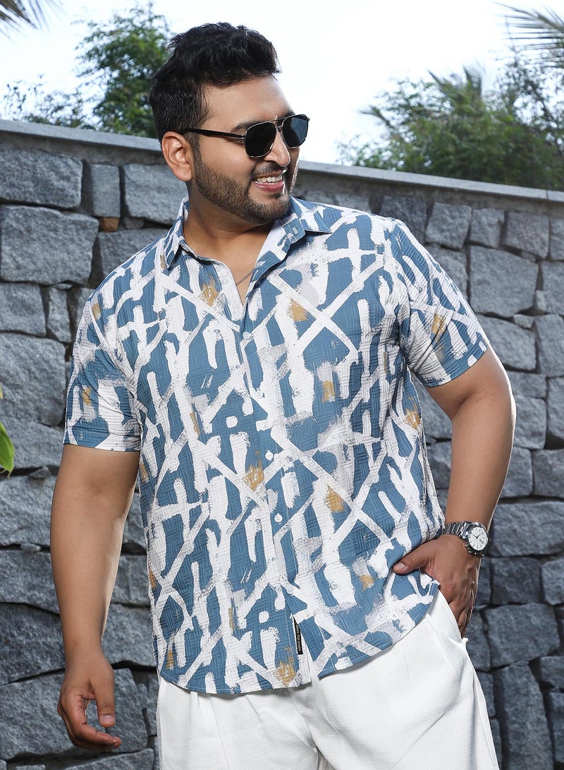 Instafab Plus Men's Sky Blue Graffiti Textured Shirt For Casual Wear | Spread Collar | Short Regular Sleeves | Button Closure | Plus Size Shirt Crafted With Comfort Fit For Everyday Wear - Image 1