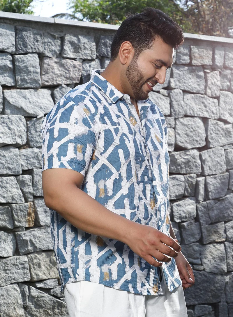 Instafab Plus  Instafab Plus Men's Sky Blue Graffiti Textured Shirt For Casual Wear | Spread Collar | Short Regular Sleeves | Button Closure | Plus Size Shirt Crafted With Comfort Fit For Everyday Wear for Men | Best Price UAE