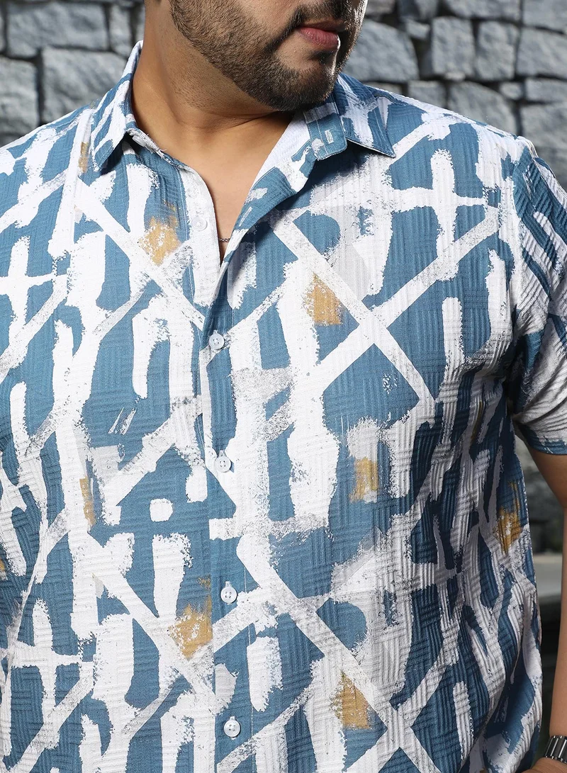 Instafab Plus  Instafab Plus Men's Sky Blue Graffiti Textured Shirt For Casual Wear | Spread Collar | Short Regular Sleeves | Button Closure | Plus Size Shirt Crafted With Comfort Fit For Everyday Wear for Men | Best Price UAE