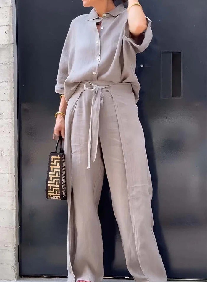 Shougu Casual Solid Color Shirt Belt Wide Leg Irregular Pants Set  - Image 2