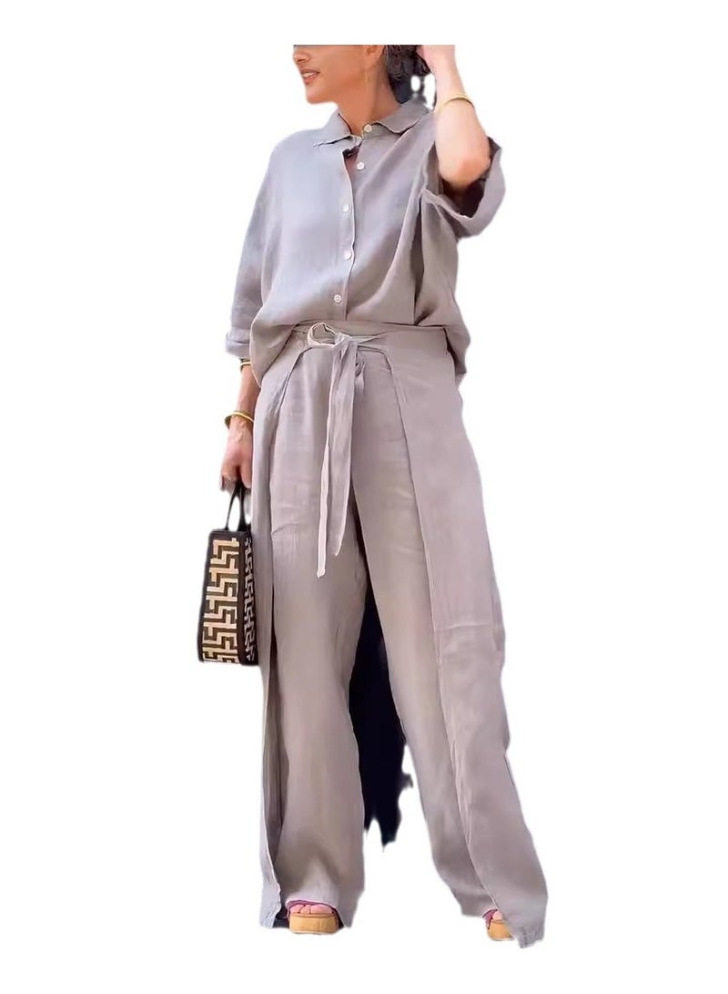 Shougu Casual Solid Color Shirt Belt Wide Leg Irregular Pants Set  - Image 1