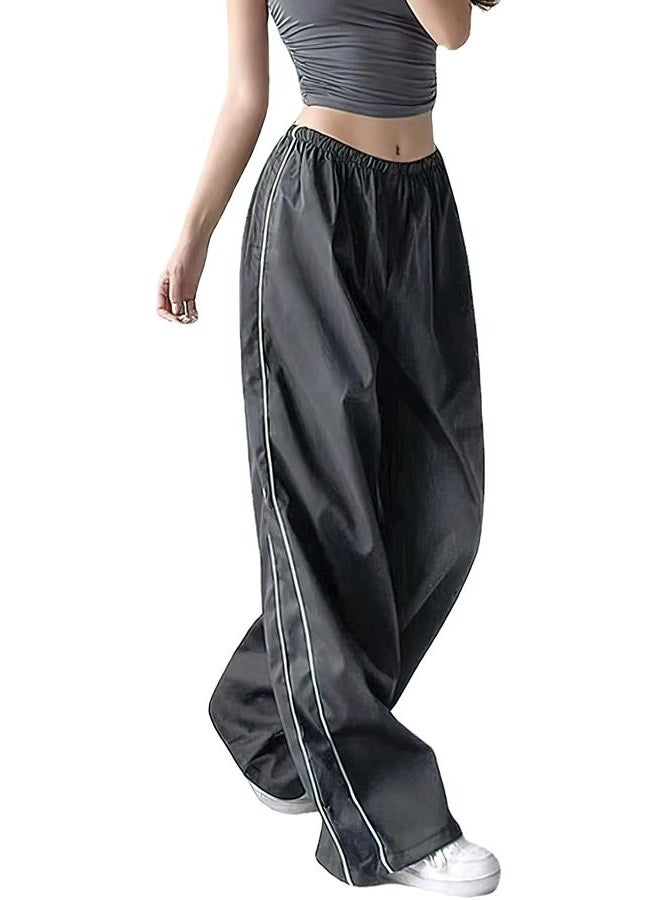 XPONNI Women's Darkgray M Track Pants, Baggy, Y2K, Parachute, Polyester, Loose, Drawstring Waist, Pleated Front, Ankle Length, Fall, Patterned, Casual, Multi-Sport - Image 1