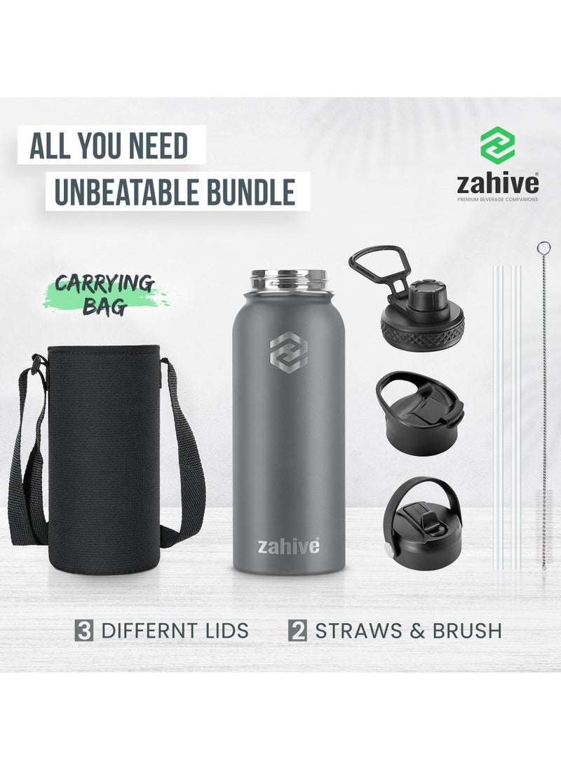 Zahive Insulated Stainless Steel Water Bottle with Straw with 3 Lids and Bag 1000 ml, Double Wall Thermos for Hot and Cold Drinks for Gym and Work, Wide Mouth, Leak Proof, 1 liter, Cool Gray  - Image 2