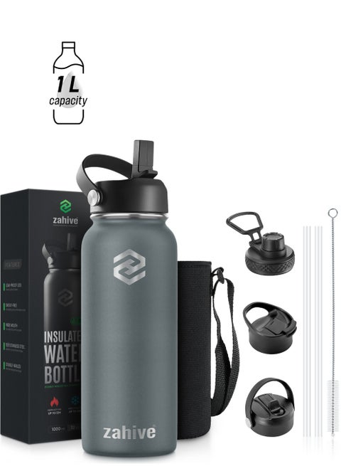 Insulated Stainless Steel Water Bottle with Straw with 3 Lids and Bag 1000 ml, Double Wall Thermos for Hot and Cold Drinks for Gym and Work, Wide Mouth, Leak Proof, 1 liter, Cool Gray