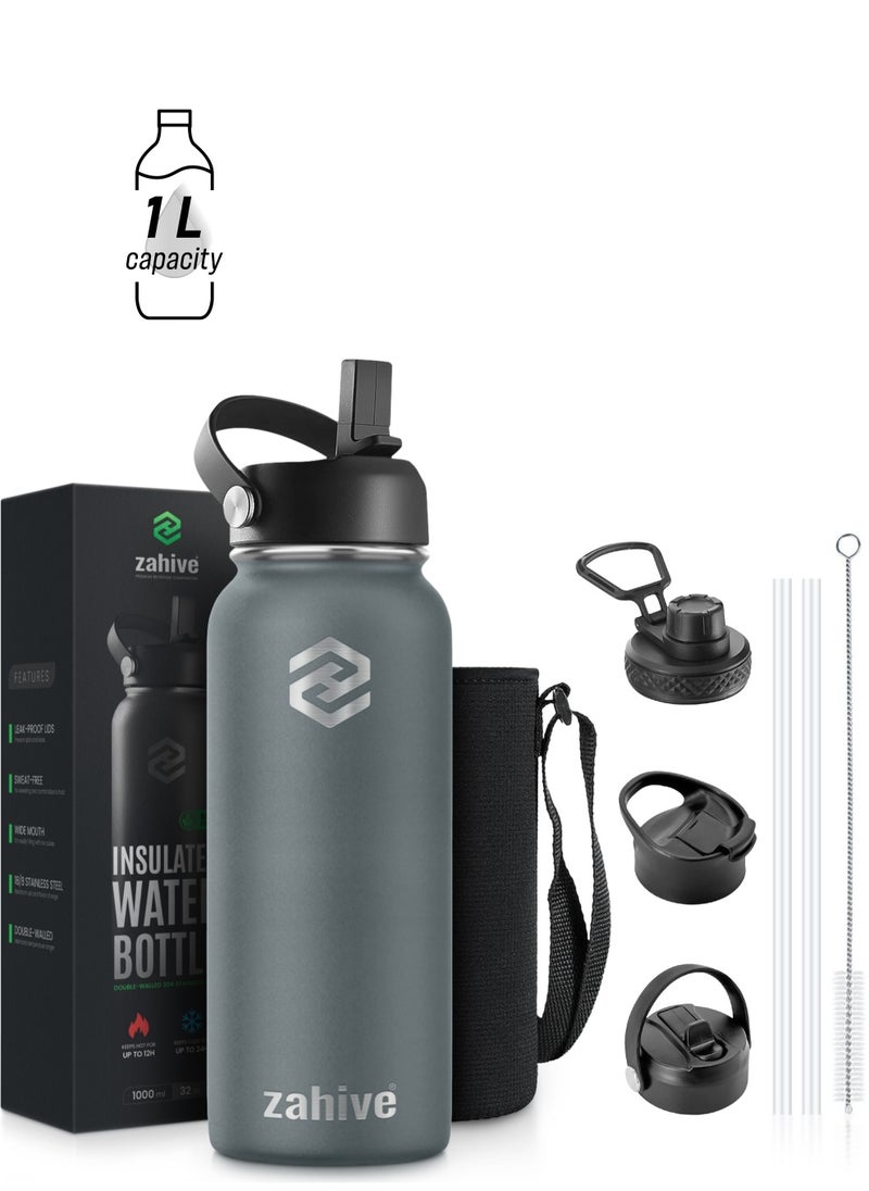 Zahive Insulated Stainless Steel Water Bottle with Straw with 3 Lids and Bag 1000 ml, Double Wall Thermos for Hot and Cold Drinks for Gym and Work, Wide Mouth, Leak Proof, 1 liter, Cool Gray  - Image 1