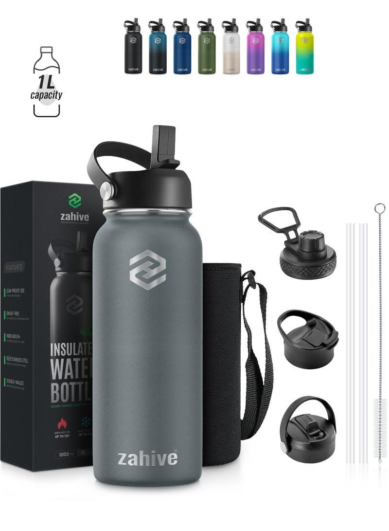 زاهايف زجاجة مياه ستانلس ستيل 1 لتر مع 3 أغطية وحقيبة - زجاجه مياه رياضيه ذات جدار مزدوج 1000 مل - مطارة ماء حافظه للحرارة - زمزميه ماء حافظة للبرودة - قارورة ماء ستيل للماء البارد و الساخن من زاهايف - رمادي - Image 1