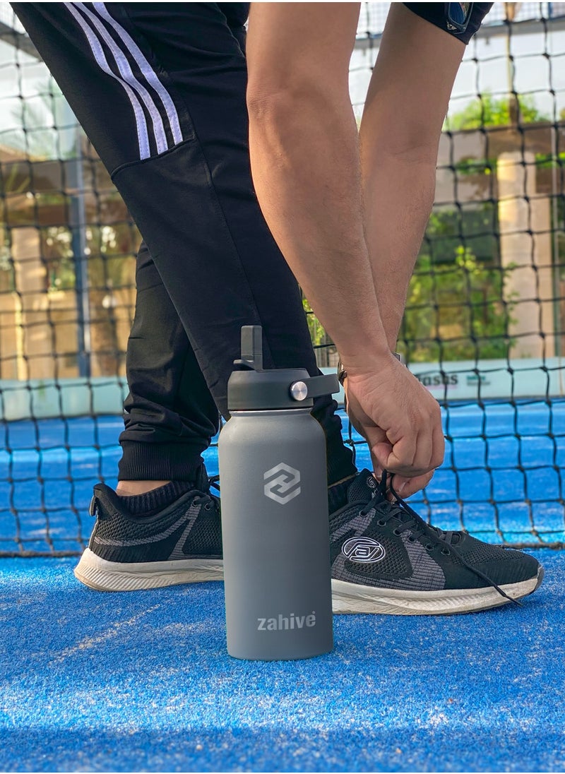 Zahive - Insulated Stainless Steel Water Bottle with Straw with 3 Lids and Bag 1000 ml, Double Wall Thermos for Hot and Cold Drinks for Gym and Work, Wide Mouth, Leak Proof, 1 liter, Cool Gray - Image 1