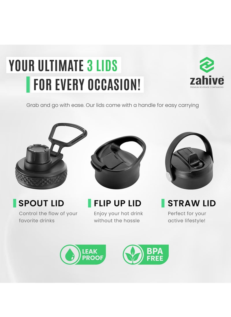 Zahive - Insulated Stainless Steel Water Bottle with Straw with 3 Lids and Bag 1000 ml, Double Wall Thermos for Hot and Cold Drinks for Gym and Work, Wide Mouth, Leak Proof, 1 liter, Cool Gray - Image 1