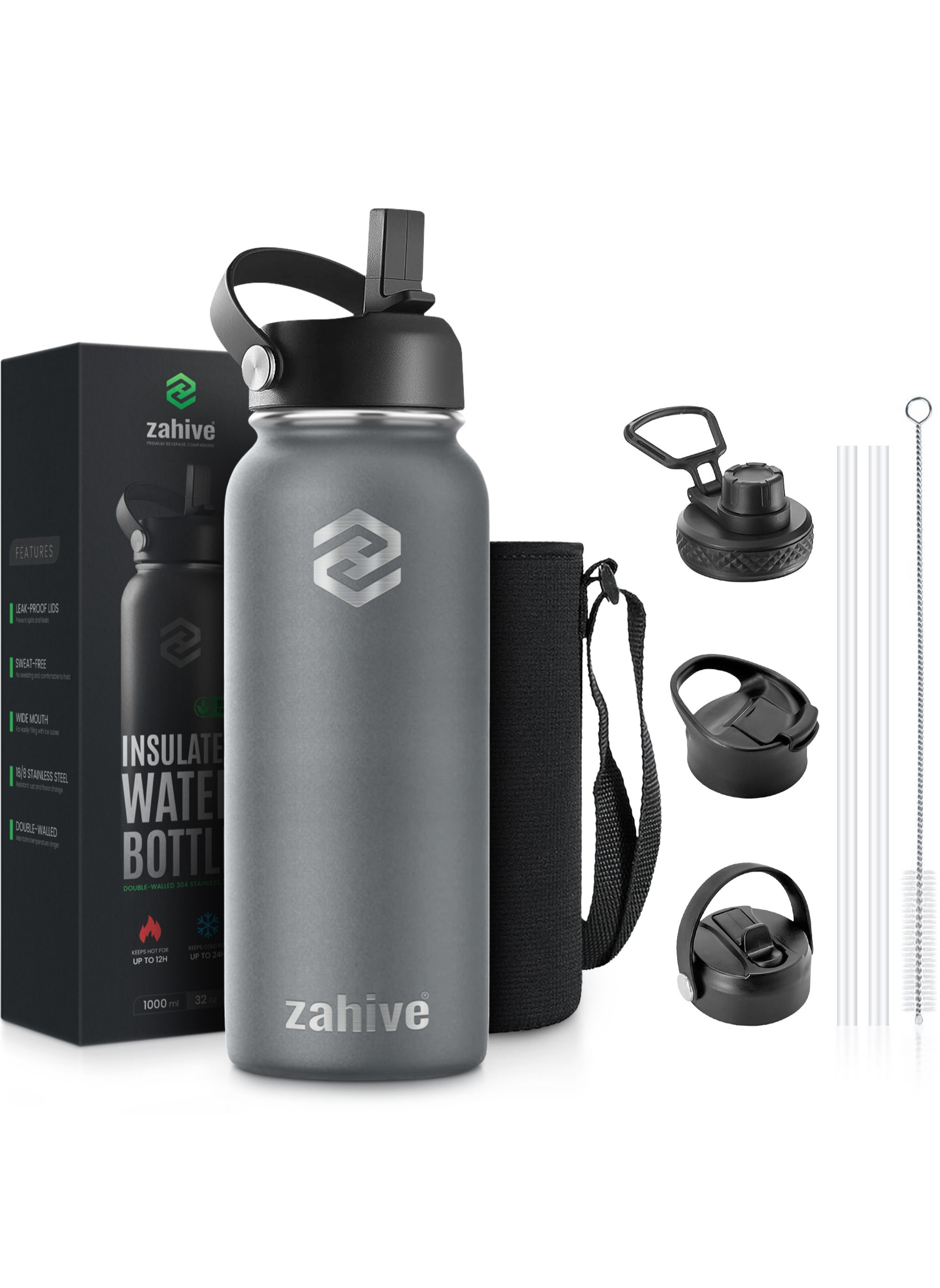 Zahive Insulated Stainless Steel Water Bottle with Straw with 3 Lids and Bag 1000 ml, Double Wall Thermos for Hot and Cold Drinks for Gym and Work, Wide Mouth, Leak Proof, 1 liter, Cool Gray 