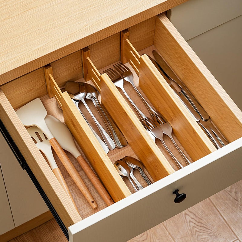 Fabsome Dresser Drawer Organizers 6 Pack, 4.65'' High Adjustable from 17-22â€˜â€™ Bamboo Drawer Dividers for Clothing Baby Clothes, Wooden Separators for Dresser Nursery Organization with Soft Foam Ends - Image 2