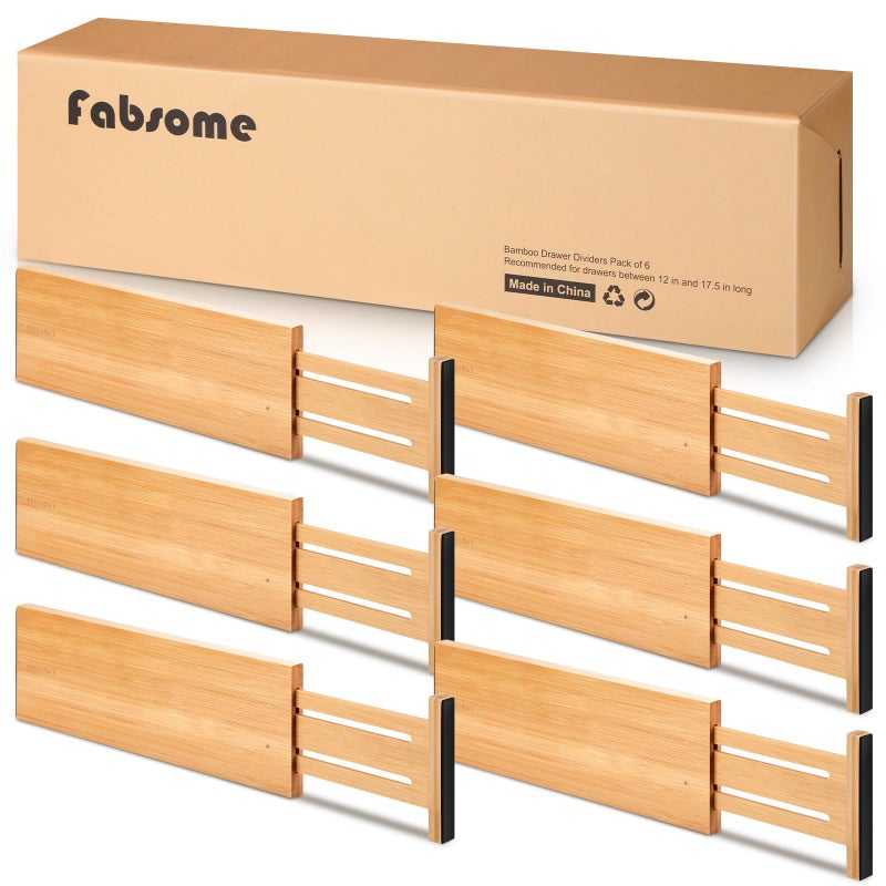 Fabsome Dresser Drawer Organizers 6 Pack, 4.65'' High Adjustable from 17-22â€˜â€™ Bamboo Drawer Dividers for Clothing Baby Clothes, Wooden Separators for Dresser Nursery Organization with Soft Foam Ends - Image 1