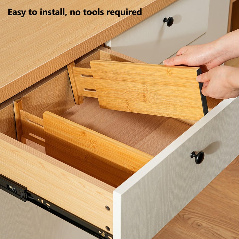 Fabsome Dresser Drawer Organizers 6 Pack, 4.65'' High Adjustable from 17-22â€˜â€™ Bamboo Drawer Dividers for Clothing Baby Clothes, Wooden Separators for Dresser Nursery Organization with Soft Foam Ends - Image 4