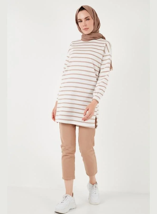 ليلا ليلى تونيك قطن مقلم بقصة عادية بياقة دائرية للنساء