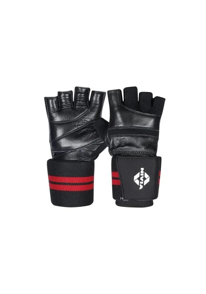 نيفيا Nivia Wristlock Weightlifting Gloves - Genuine Leather, 3" Wide Grip for Weight Lifting and Fitness - Small Size - Black