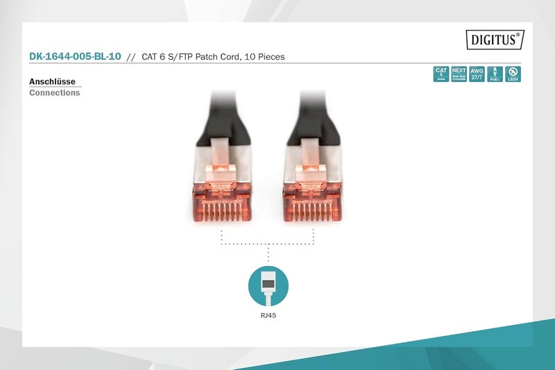 Digitus كابل LAN الفئة 6 بطول 0.5 م - عبوة من 10 - كابل شبكة RJ45 - محمي S/FTP - متوافق مع الفئة 6A والفئة 7 - أسود - Image 3