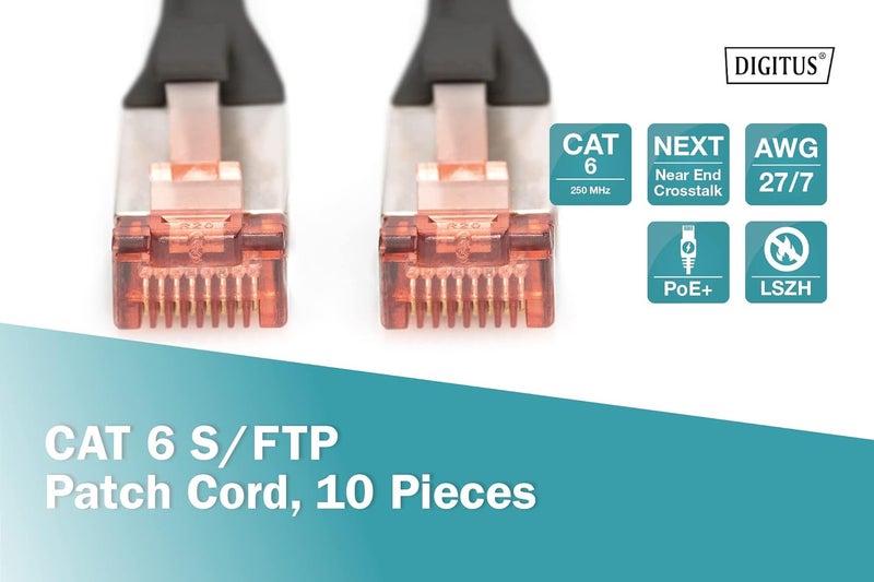 Digitus كابل LAN الفئة 6 بطول 0.5 م - عبوة من 10 - كابل شبكة RJ45 - محمي S/FTP - متوافق مع الفئة 6A والفئة 7 - أسود - Image 2