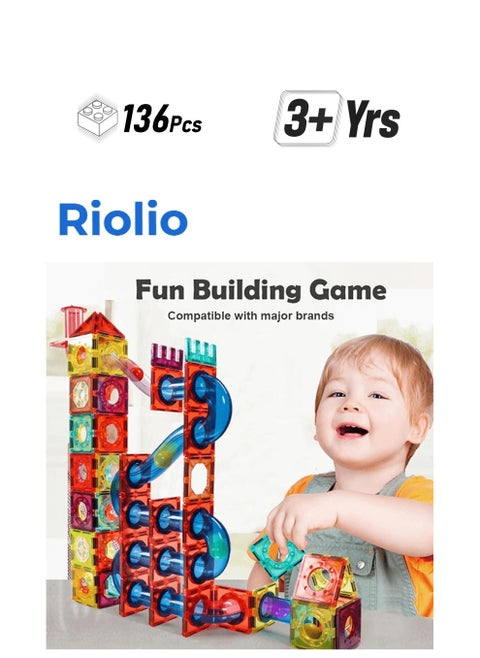 Magnetic Tiles 136 Pcs and Marble Run Set - STEM Toys Building Blocks for Kids Ages 3 and Up - Compatible with Major Brands - Idea Gift for Kids with Enlightenment Stickers Creative Guide