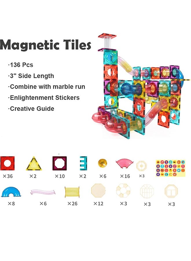 Magnetic Tiles 136 Pcs and Marble Run Set - STEM Toys Building Blocks for Kids Ages 3 and Up - Compatible with Major Brands - Idea Gift for Kids with Enlightenment Stickers Creative Guide