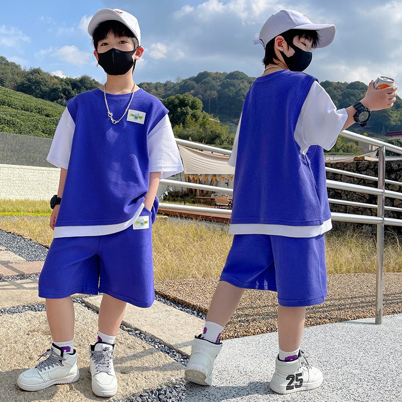 Boys Korean-style Casual Sports suit Summer New Style Western Style Colorblock Top Short-sleeved Shorts Two-piece Set Blue 