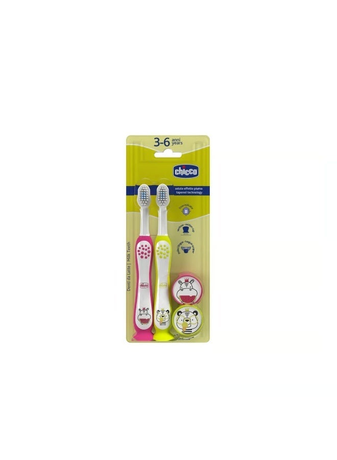 Chicco Milk Teeth Toothbrush 3-6 Years Hippo/Panda x2 - Image 1