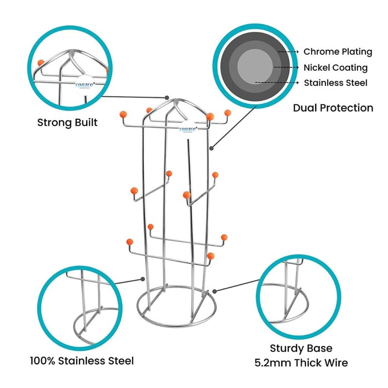 Caazco Presents Stainless Steel Heavy Quality Tabletop Cup Stand For 12 Cups Tiered Shelf Cup Stand For Kitchen Chrome Finish Cup Holder 12 Holders Silver 6 X 6 X 14 Inches - Image 2