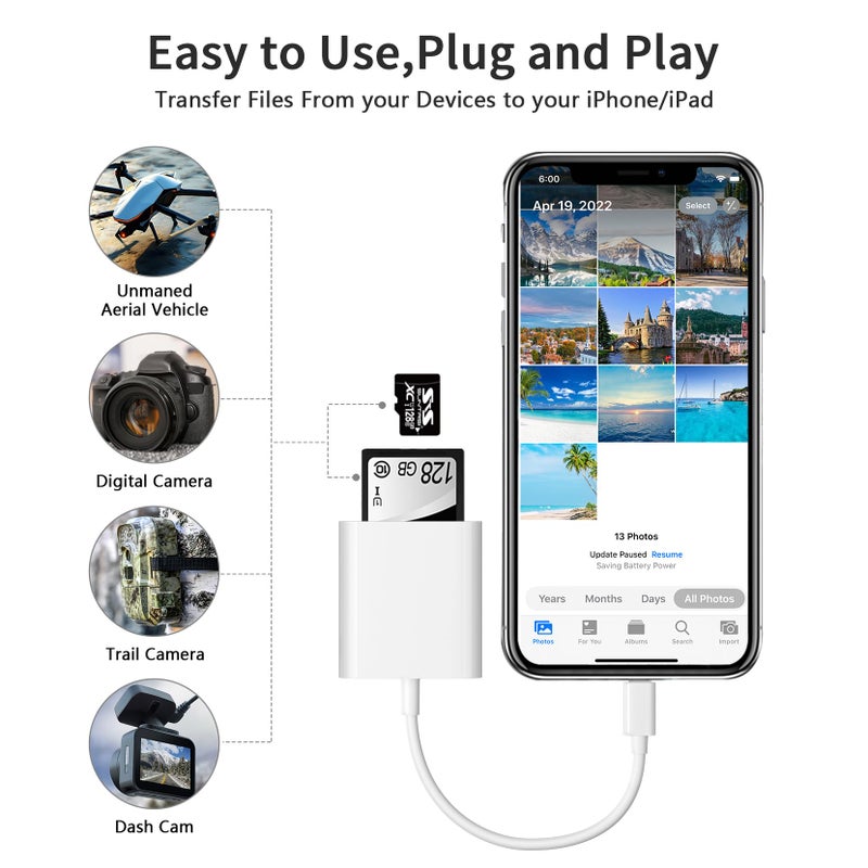 SUNTRSI SD Card Reader for iPhone iPad Camera,Dual Card Slot Memory Card Reader Supports SD and TF Card Trail Camera Viewer Sd Card Adapter Portable Micro Sd Card Reader No Application Required Plug and Play - Image 3