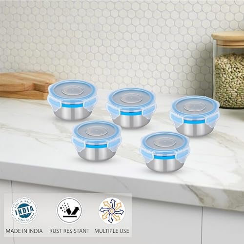 STEELLOCK Stainless Steel Airtight Container with Lid | Leakproof, BPA-Free | Multipurpose Food Storage Containers/Tiffin/Dabba for Office, School & Kitchen | SL-1101-set of 5, 150ml each, Blue - Image 4