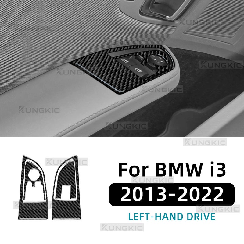 ألياف كربون حقيقية ناعمة لسيارة BMW i3 موديلات 2013 2014 2015 2016 2017 2018-2022، مقود أيسر وأيمن، 4 قطع، ملصق لوحة مفاتيح رفع نوافذ الأبواب - Image 1