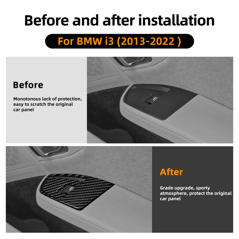 ألياف كربون حقيقية ناعمة لسيارة BMW i3 موديلات 2013 2014 2015 2016 2017 2018-2022، مقود أيسر وأيمن، 4 قطع، ملصق لوحة مفاتيح رفع نوافذ الأبواب - Image 4