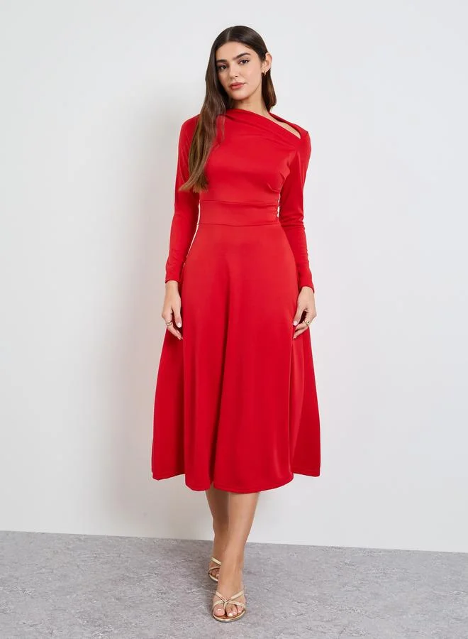 تايك تو Red Asymmetric Neck A-Line Midi Dress