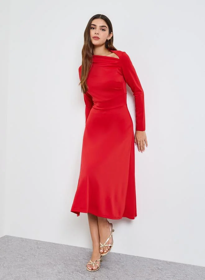 تايك تو Red Asymmetric Neck A-Line Midi Dress