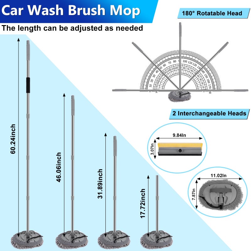THINKWORK Car Wash Kit, Car Washing Brush with Long Handle, Extendable Car Wash Brush Mop with 2-in-1 Windshield Squeegee and 9Pcs Detailing Brushes, Gray Car Detailing Kit Gift for Men - Image 2