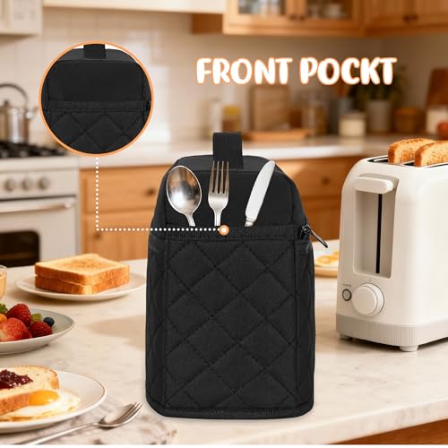 CROTIRAD Cute Slim Toaster Dust Cover Compatible with Bella 2 slice slim toaster, Hanging Thin Bread Maker Cover for Bella with Pockets and Elastic Band, Quilted Black - Image 2