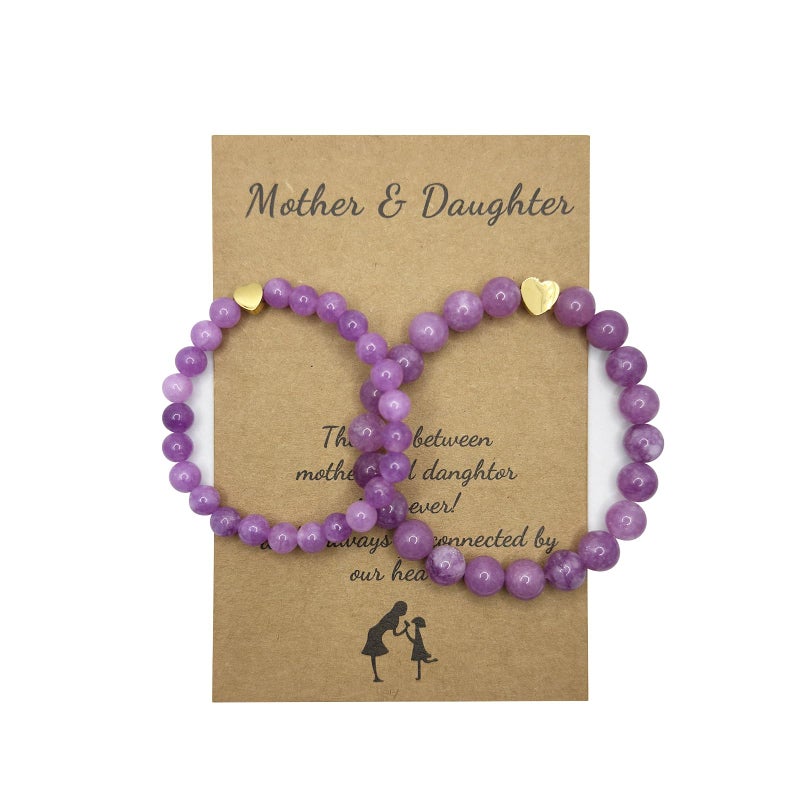 Mother Daughter Bracelets Mom Daughter Matching Heart Natural Stone Bracelet for Mama Me(Purple)
