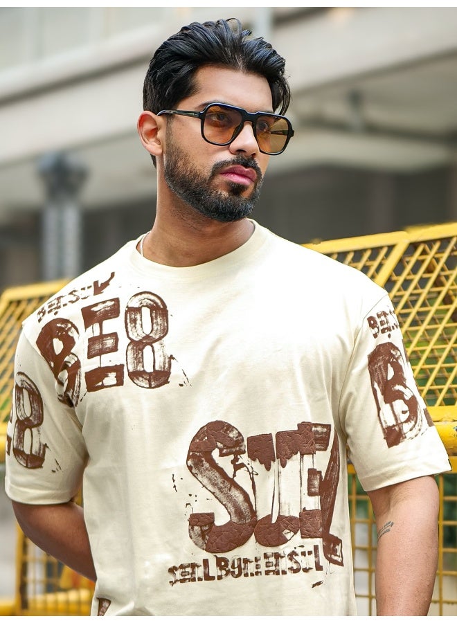 Maniac Maniac Mens Printed Suel Round Neck Half Sleeve Cream and Brown Cotton T-Shirt  - Image 1