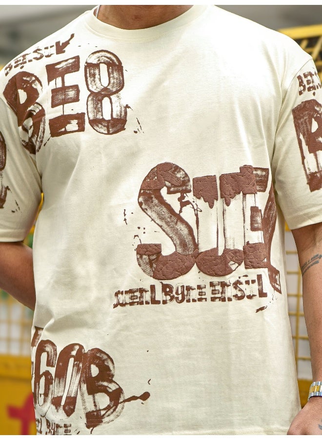 Maniac Maniac Mens Printed Suel Round Neck Half Sleeve Cream and Brown Cotton T-Shirt  - Image 5
