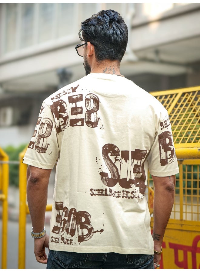 Maniac Maniac Mens Printed Suel Round Neck Half Sleeve Cream and Brown Cotton T-Shirt  - Image 4
